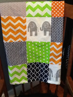 Patchwork Baby Blanket, navy, lime green, orange, Minky back, made to order, chevron & polka dot