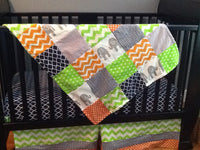 Patchwork Baby Blanket, navy, lime green, orange, Minky back, made to order, chevron & polka dot