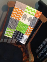 Patchwork Baby Blanket, navy, lime green, orange, Minky back, made to order, chevron & polka dot