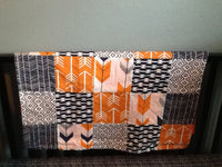Patchwork Baby Blanket, navy, Gray, Orange, minky back,  Aztec tribal theme, arrows, made to order