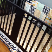Patchwork Baby Blanket, navy, Gold, coral,  Minky back, made to order, Aztec, tribal, made to order