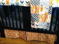 Patchwork Baby Blanket, navy, Gray, Orange, minky back,  Aztec tribal theme, arrows, made to order