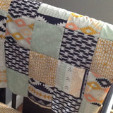 Patchwork Baby Blanket, navy, Gold, coral,  Minky back, made to order, Aztec, tribal, made to order