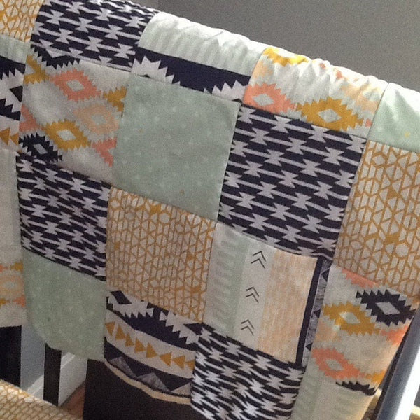 Patchwork Baby Blanket, navy, Gold, coral,  Minky back, made to order, Aztec, tribal, made to order