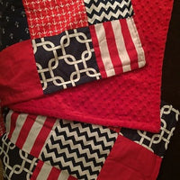 Patchwork Baby Blanket, navy blue, red, white, nautical, Minky back, made to order, chevron, polka dots and stripes