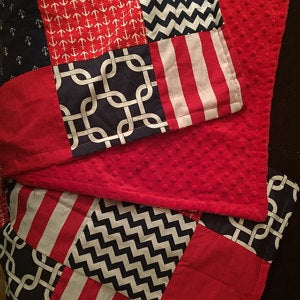 Patchwork Baby Blanket, navy blue, red, white, nautical, Minky back, made to order, chevron, polka dots and stripes