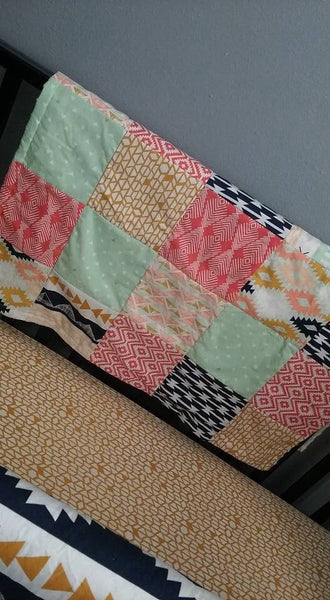 Patchwork Baby Blanket, navy, Gold, coral,  Minky back, made to order, Aztec, tribal, made to order