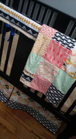 Patchwork Baby Blanket, navy, Gold, coral,  Minky back, made to order, Aztec, tribal, made to order