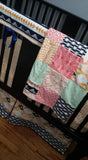 Patchwork Baby Blanket, navy, Gold, coral,  Minky back, made to order, Aztec, tribal, made to order