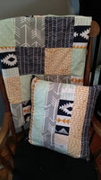 Patchwork Baby Blanket - Navy, Gray, Mint & Gold, minky back,  Aztec tribal theme, arrows, made to order