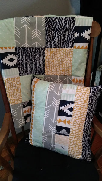 Patchwork Baby Blanket - Navy, Gray, Mint & Gold, minky back,  Aztec tribal theme, arrows, made to order