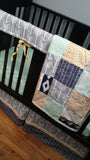 Patchwork Baby Blanket - Navy, Gray, Mint & Gold, minky back,  Aztec tribal theme, arrows, made to order