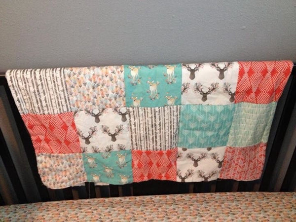 Patchwork Baby Blanket, Coral,  mint, minky back, made to order, Aztec, tribal, made to order