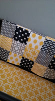 Patchwork Baby Blanket, navy, Gray, yellow,  minky back, made to order