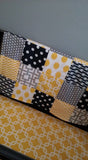 Patchwork Baby Blanket, navy, Gray, yellow,  minky back, made to order