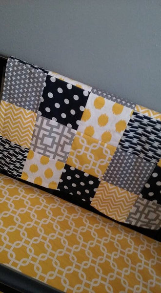 Patchwork Baby Blanket, navy, Gray, yellow,  minky back, made to order