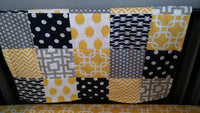Patchwork Baby Blanket, navy, Gray, yellow,  minky back, made to order
