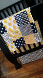 Patchwork Baby Blanket, navy, Gray, yellow,  minky back, made to order